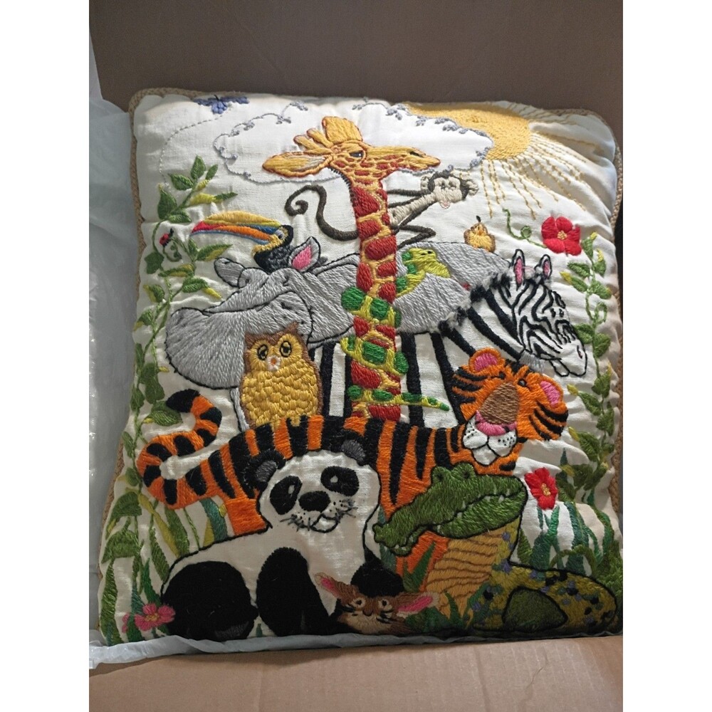 Vintage 1970s "Animal Kingdom" Crewell Embroidery designed by Linda Powel Pillow